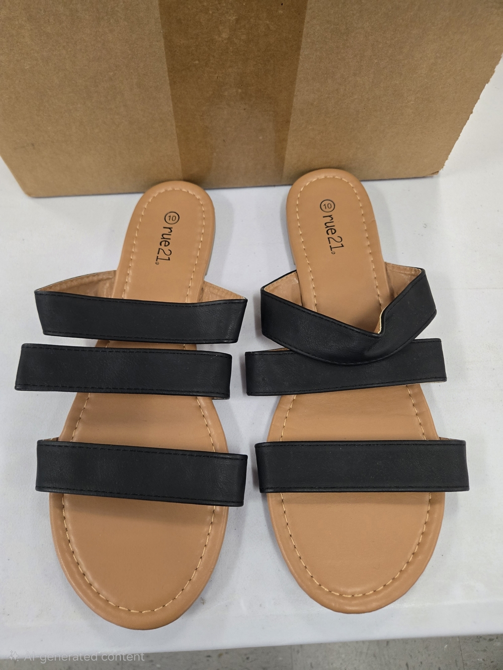 rue21 Black Triple-Strap Slide Sandals with Tan Footbed